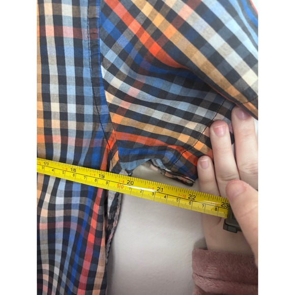 Wrangler Mens Large Short Sleeve Plaid Button Down Shirt Blue Orange - Picture 6 of 7